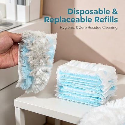 Folding Handle Duster with 10 Refills, Electrostatic Dust Cleaner for Home Car Desk Blinds Ceiling Fans, Portable Dusting Wand for Hair Debris, Light Blue
