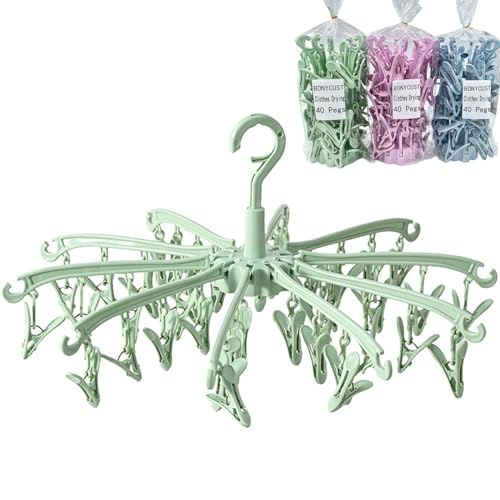 Clothes Sock Drying Hanger with 40 Clips,Foldable Hanging Rack - color: Grun40