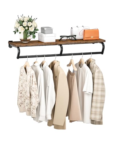 CHOEZON Wall Mounted Clothes Rack, Metal Garment Rack with Top Shelf, Laundry Storage Shelf with Hanging Rod, for Laundry Room, Bedroom, Entryway and Storage Room, Rustic Brown and Black TYM02BF - color: Rustic Brown, Black