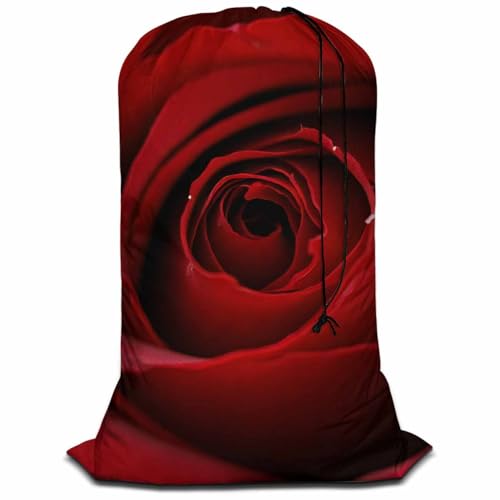 Swono Red Rose Extra Heavy Duty Laundry Bag, Garden Glamour Flower Bud Petal Blossom Valentine X-Large Dirty Clothes Drawstring Bag with Tear Resistant Fabric, Washable Laundry Liner for Hamper - color: Red Rose