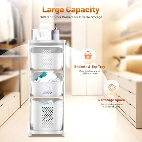 Clothes Hamper 3 Tier Rolling with Top Shelf, PP Plastic Laundry Sorter with Wheels, 3 Section Basket Organizer with Lockable Wheels, Tall Storage Basket for Bedroom Bathroom