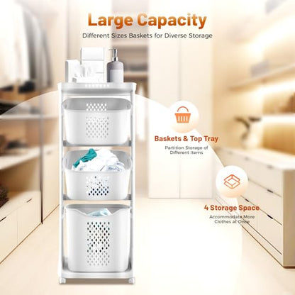 Clothes Hamper 3 Tier Rolling with Top Shelf, PP Plastic Laundry Sorter with Wheels, 3 Section Basket Organizer with Lockable Wheels, Tall Storage Basket for Bedroom Bathroom