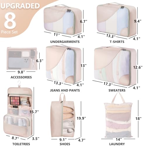 8 Set Packing Cubes for Travel, Gifts for Women Mom,Anti-Tearing Suitcase Organizer for Luggage with Shoe & Hanging Toiletry Bag,OlarHike Vacation Essentials & Accessories for Cruise Ship - color: 01 Cream