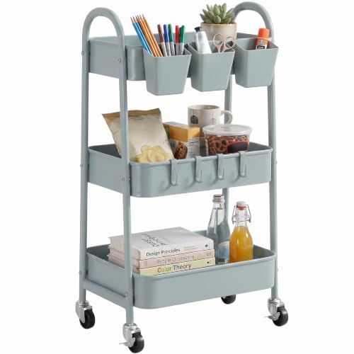 danpinera 3-Tier Rolling Cart, Utility Cart Mobile Metal Rolling Storage Cart with Lockable Wheels & Hanging Cups & Hooks for Kitchen, Bathroom, Office, Workshop, Gray Blue - color: Gray Blue, size: 3 tier