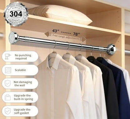 Adjustable clothesline pole, shower curtain pole, extendable metal wardrobe hanger, suitable for bathroom wardrobe, kitchen, laundry room, balcony（43”-78”） - size: 43.3 to 78.7 inches