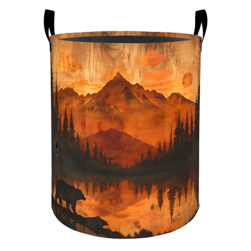 Mountain Forest Bear Laundry Basket Hamper for Boys Girls Kids Adults, Foldable Waterproof Oxford Clothes Storage Bin, Sunset Nature Wildlife Organizer for Bedroom Bathroom Room Decor 19.7"x15.7" - style: Mountain Forest Bear