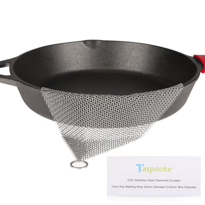 Cast Iron Cleaner and Chainmail Skillet Scrubber - 4''x4'' Upgraded 3.8mm Small Ring, 316L Stainless Steel Fine Rings - Durable Scraper for Skillets, Pans, Griddles & Containers - size: 4''x4''
