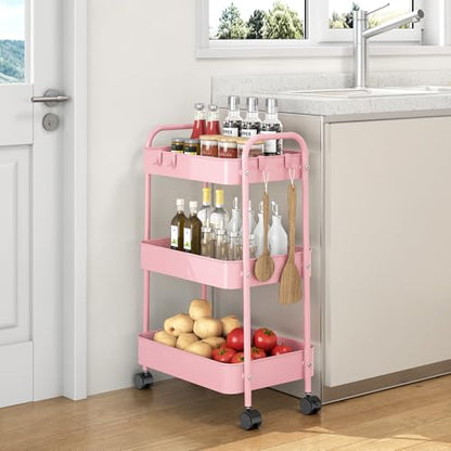 TOOLF 3 Tier Rolling Cart, Metal Utility Storage Cart with Wheels, Pink | 4 Hooks, Lockable Wheels, Trolley Organizer for Bathroom, Kitchen, Office, Nursery, Dorm, Laundry Room