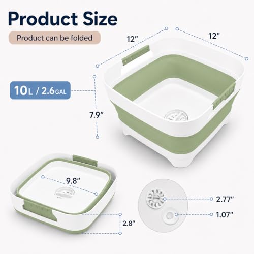 Collapsible Dish Basin with Drain Plug, 2.4 Gal 9L Foldable Wash Basin, Portable Sink Tub for Kitchen, Baby Bottles, Camping, RV, Vegetable Washing and Beverage Tub, Green - color: Green