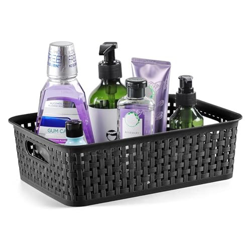 [ 8 Pack ] Plastic Storage Baskets, Small Pantry Organization and Storage Bins, Household Organizers for Laundry Room, Bathrooms, Kitchens, Cabinets, Countertops, Under Sink or Shelves, Black - color: Black