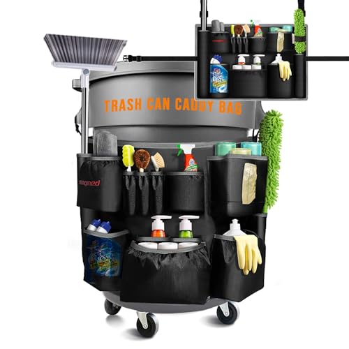 Trash Can Caddy Bag for 32-55 Gallon Garbage Bin, Hongmed Caddy for Commercial Cleaning Supplies, Multi-Pocket Utility Apron with Adjustable Straps, Heavy-Duty Nylon Organizer for Janitorial Duties