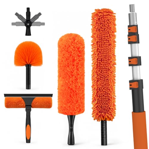 LAANPOLE 26FT High Reach Duster Cleaning Kit with Extension Pole, High Ceiling Fan Cleaner Duster Tool for Fan Blades, Window Washing Kit with Microfiber Feather Duster & Window Squeegee - size: 20FT