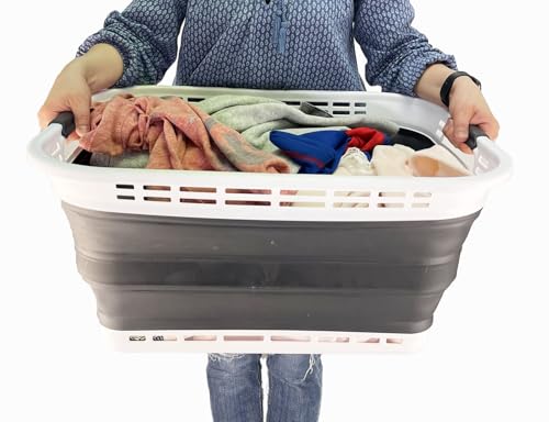 SAMMART 42L (11 Galloons) Collapsible Plastic Laundry Basket - Foldable Pop Up Storage Container/Organizer - Portable Washing Tub - Space Saving Hamper/Basket (White/Asphalt) - color: White/Asphalt