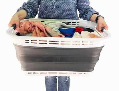 SAMMART 42L (11 Galloons) Collapsible Plastic Laundry Basket - Foldable Pop Up Storage Container/Organizer - Portable Washing Tub - Space Saving Hamper/Basket (White/Asphalt) - color: White/Asphalt