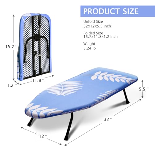 SheeChung Small Ironing Board 12"x32",Mini Ironing Board with Metal Mesh - style: Blue Leaf-32x12