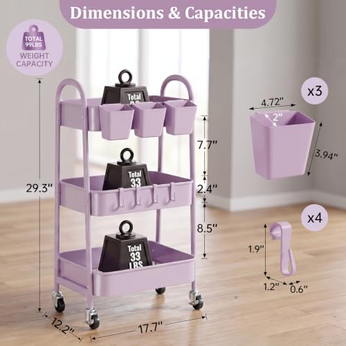 danpinera 3-Tier Rolling Cart, Utility Cart Mobile Metal Rolling Storage Cart with Lockable Wheels & Hanging Cups & Hooks for Kitchen, Bathroom, Office, Workshop, Purple - color: Purple, size: 3 tier