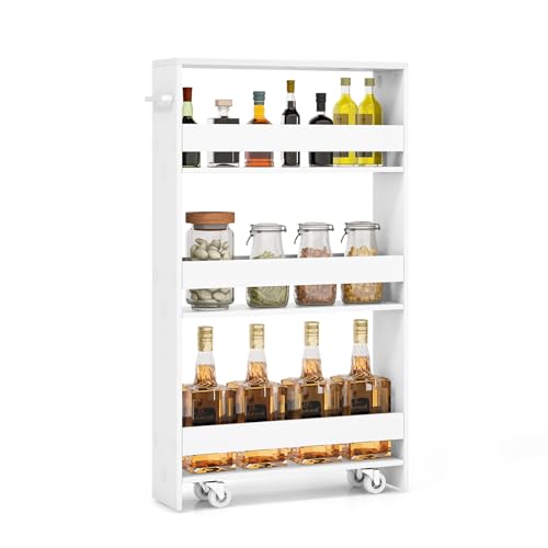 LOKO Slim Storage Cart, 4-Tier Rolling Cart with Handle & Wooden Top for Kitchen Bathroom Laundry Living Room Narrow Small Spaces, 5 Inches Width (Plain White) - color: Plain White