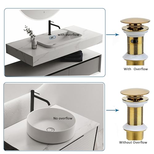 Rockgoya Bathroom Sink Drain, 5 Pack Gold Drain Stopper Bathroom Sink with Overflow, Pop Up Drain Assembly with Detachable Strainer Basket, Built-in Anti-Clogging Strainer,Stainless Steel - color: Gold-5 Pack, style: With Overflow