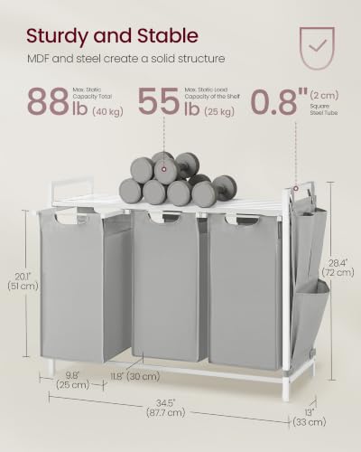 VASAGLE Laundry Hamper with Shelf, 3 Pull-Out Bags, 3 x 10.6 Gallons (40 L) - color: Dove Gray + Cloud White, size: 3 Bags - 120 L