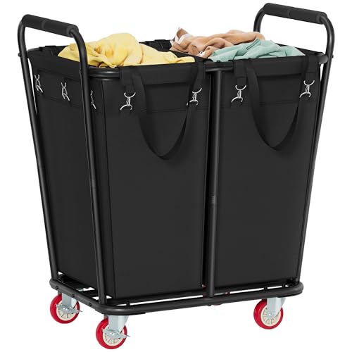 Hoctieon 2 Section Laundry Sorter Cart, 300L Rolling Hamper with Wheels, Industrial Laundry Basket Organizer, Large Dirty Clothes Hamper for Home & Hotel, Heavy Duty, Black - color: Black, size: 300L