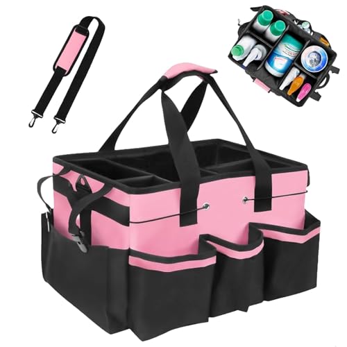 Multi - Purpose Cleaning Tool Organizer Tote Bag, Large Capacity with Adjustable Compartments, Portable Hand Strap & Adjustable Shoulder Strap for Cleaning, Gardening, Car Organization (Pink) - color: Pink