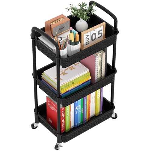 MOYIPIN 3-Tier Plastic Rolling Utility Cart with Handle,Black - color: Black, size: 3-Tiers without cups