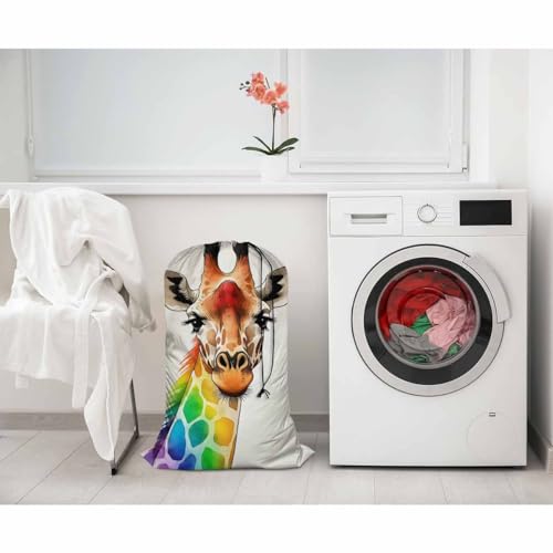 Swono Colorful Giraffe Extra Heavy Duty Laundry Bag, Watercolor Rainbow Giraffe X-Large Dirty Clothes Drawstring Bag with Tear Resistant Fabric, Ideal for Camp Travel, Animal Theme - color: Colorful Giraffe