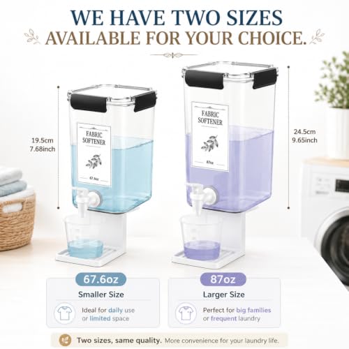 Soaoo 2 Pcs Laundry Detergent Dispenser 87 oz Liquid Soap Dispenser with Faucet for Laundry Room 2 Liquid Detergent Holder with Labels and 2 Measuring Cup Fabric Softener Container - size: 87 oz