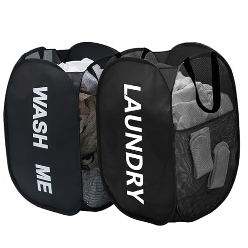 Pop Up Laundry Hampers, Collapsible Mesh Laundry Baskets, 2 Pack Black Clothes Hampers Storage Baskets for Home, Dorm, Travel - color: Black + Black