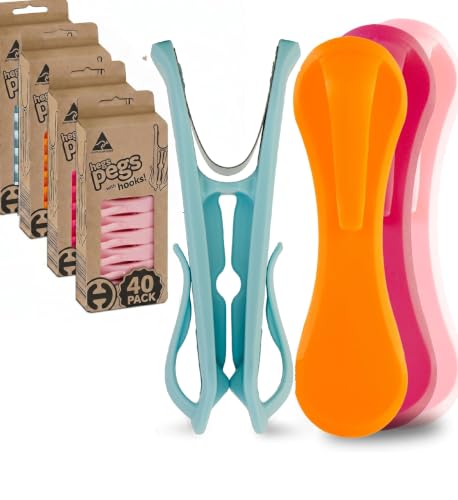 Hegs 40 Pack Multi Colored Clothes Pins (Light Blue, Light Pink, Dark Pink) - The Smartest Heavy Duty Clothespins with Hooks - Hang 3 Garments at Once – Durable, Strengthened PP Plastic Clothes Pins - color: 40 Pack (Blue, Orange, Pink)
