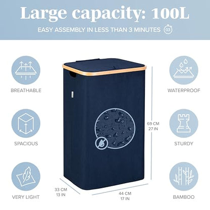 LONBET Laundry Basket with Lid, Made from Breathable Fabric | Aesthetic Clothes Hampers for Laundry with Side Handles & Sturdy Bamboo Frame (26 Gallons - Single, Blue) - color: Blue, style: 26 Gallons - Single