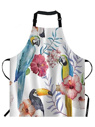 EKOBLA Bird Aprons Watercolor Flower Print Animal Parrot Branches Beautiful Summer Plant Waterproof Resistant Chef Cooking Kitchen BBQ Adjustable Aprons for Women Men 27x31 Inch - color: Multi-a10