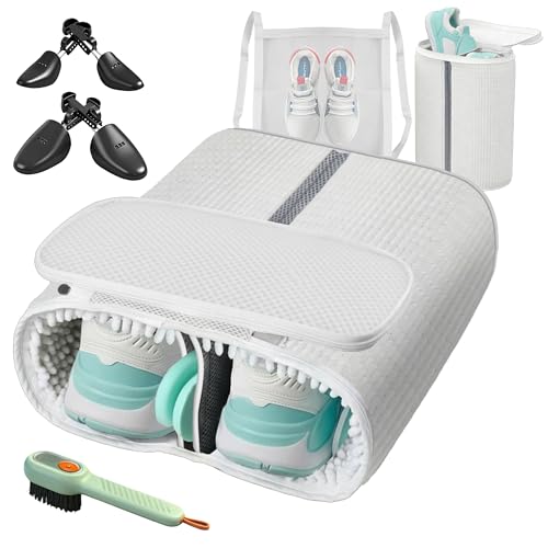 Upgraded Dual Compartment Design Shoe Bag for Washing Machine with Adjustable Shoes Trees& Sneaker Dryer Bag, 420g Heavy-Duty Shoe Washing Machine Bag, Clasp-Lock Zipper for Maximum Protection