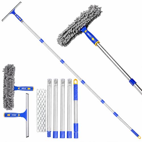 ITTAR Window Squeegee with 88 Inch Extension Pole, Rotatable Window Cleaning Kit with Long Handle, Rubber Blade & Microfiber/Chenille Pads Glass Cleaner Tool for Outdoor Windows, Glass, Car
