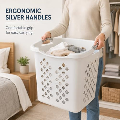 Laundry Basket 2 Bushel Plastic with Handles White for Bedroom Dorm - color: White