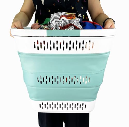 SAMMART 40L (10.5 Gallon) Collapsible Plastic Laundry Basket with Handles - Foldable Pop Up Storage Container/Organizer - Portable Laundry Hamper - Space Saving (1, White/Celadon Green) - color: White/Celadon Green