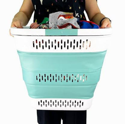 SAMMART 40L (10.5 Gallon) Collapsible Plastic Laundry Basket with Handles - Foldable Pop Up Storage Container/Organizer - Portable Laundry Hamper - Space Saving (1, White/Celadon Green) - color: White/Celadon Green