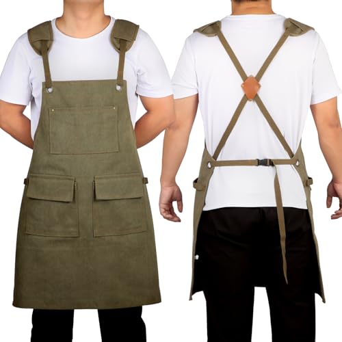 Work Apron with Pockets Thickened Waxed Canvas Apron Extended Adjustable Strap Waterproof Apron Protection for Men - color: Military Green