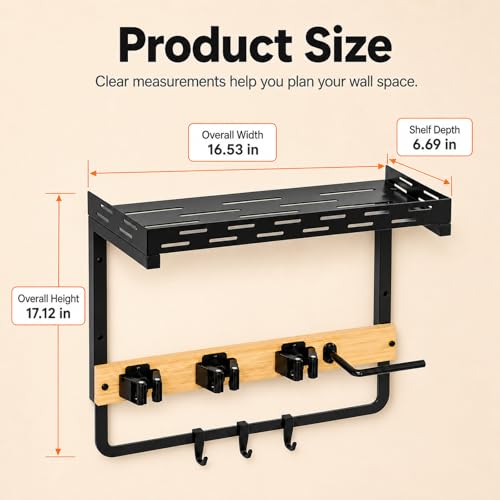 Small Broom Holder Wall Mount with Shelf, 3 Grippers and 3 Hooks - size: Small