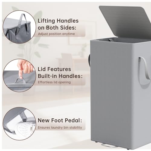 Criusia Laundry Hamper with Lid and Foot Pedal, 100L Fabric Laundry Basket with Removable Mesh Bag, Slim Foldable Design for Bathroom and Laundry Room (Gery)