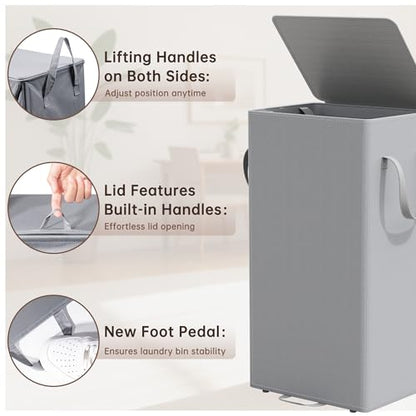 Criusia Laundry Hamper with Lid and Foot Pedal, 100L Fabric Laundry Basket with Removable Mesh Bag, Slim Foldable Design for Bathroom and Laundry Room (Gery)