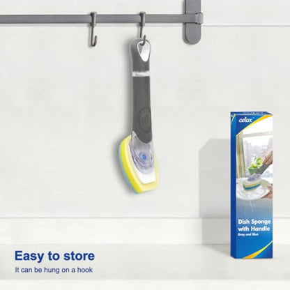 CELOX Dish Sponge with Handle, Non-Scratch Soap Dispensing Dishwand - color: Gray Handle , Blue Sponge Head