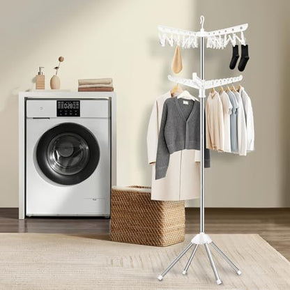 SUYU Clothes Drying Rack,Folding Clothes Drying Tree, 2 Layer with 24 Clips and 3 Rotatable Arms,66.9-Inch Indoor Clothes Rack,Stainless Steel,4 Legs,White and Silver SNJ102 - style: 2-Tier-Clip