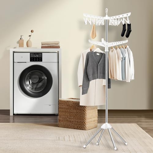 SUYU Clothes Drying Rack,Folding Clothes Drying Tree, 2 Layer with 24 Clips and 3 Rotatable Arms,66.9-Inch Indoor Clothes Rack,Stainless Steel,4 Legs,White and Silver SNJ102 - style: 2-Tier-Clip