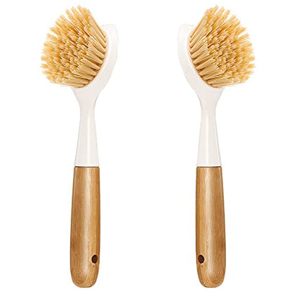 2 Pack Kitchen Dish Brush Bamboo Handle Dish Scrubber Built-in Scraper - style: White