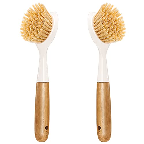 2 Pack Kitchen Dish Brush Bamboo Handle Dish Scrubber Built-in Scraper - style: White