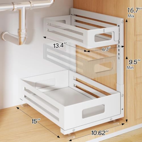 2 Pack Under Sink Organizer,Pull Out Cabinet Organizer With Smooth Cylindrical Rail,Metal Slide Out Drawer for Kitchen Bathroom Laundry Cabinet,8-Level Tool Free Height Adjustable-White - color: White, size: 2 Pack-15"Dx9.5"-16.7"H