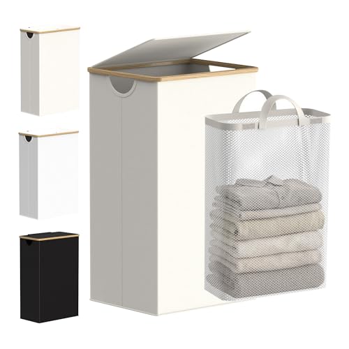 efluky Laundry Basket with Lid and Removable Bag, 100L Tall Laundry Hamper with Bamboo Handles, Aesthetic Dirty Clothes Bin for Laundry Room, Bathroom, Bedroom and Dorm, Beige - color: Beige, size: 100L