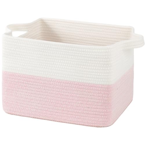 OIAHOMY Woven Storage Basket, Small Baskets for Organizing White & Pink - color: White & Pink, size: 13.5"x11"x9.5"