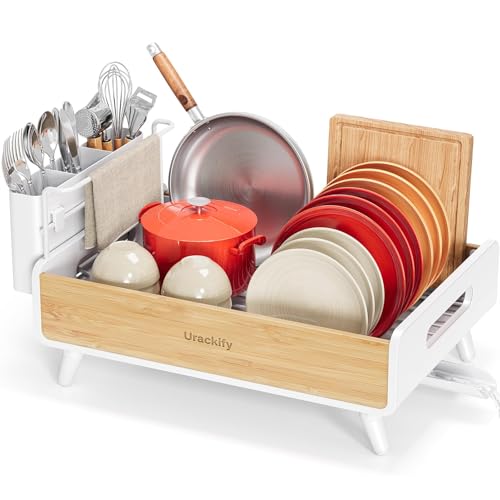 Urackify Bamboo Dish Drying Rack for Kitchen Counter, Stainless Steel,White - color: White, size: 1 Tier